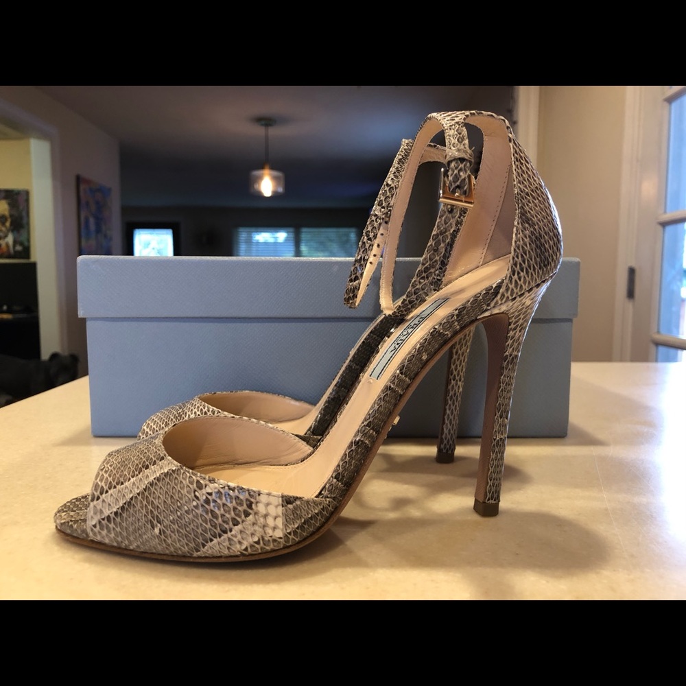 PRADA Snake skin peep toe ankle strap sandals